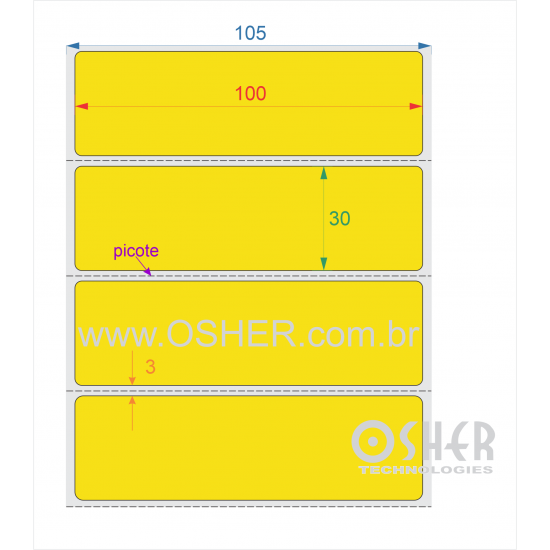 Etiqueta Adesiva Couchê 100  x 30  x 1 Picote Chap Amarelo 