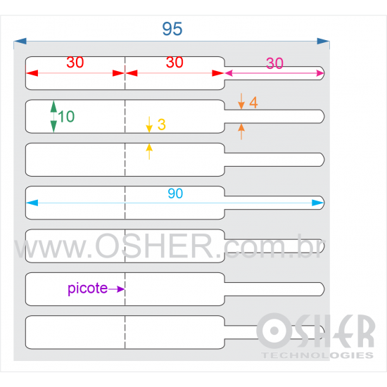 Etiqueta Adesiva BOPP Branco Brilhante Acril. 22g Joalheiro 90  x 10  (Corpo 30+30X10 e Filete 30X4) Unica L095