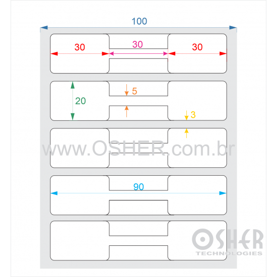 Etiqueta Adesiva BOPP Branco Brilhante Acril. 22g Joalheiro 90  x 20  (Gravatinha 30X20 + Filete no Meio 30X5) UN RET L100