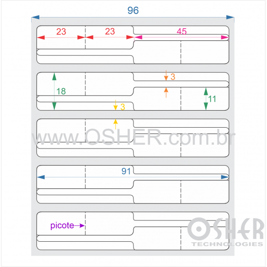 Etiqueta Adesiva BOPP Branco Brilhante Acril. 22g Joalheiro 91  x 18  (Corpo 23+23X11 e Filete 45X3) CJ2 INV RET L096