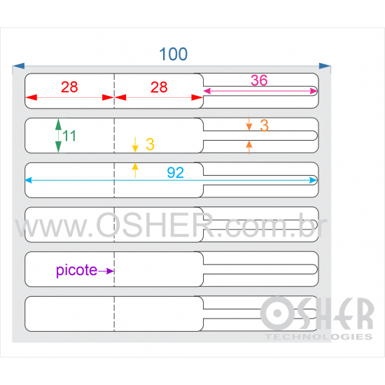 Etiqueta Adesiva BOPP Branco Brilhante Acril. 22g Joalheiro 92  x 11  (Corpo 28+28X11 e Filete 36X3) UN RET 