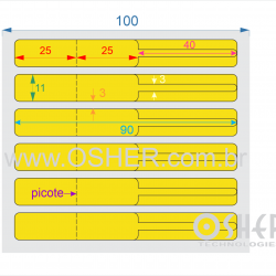 Etiqueta Adesiva BOPP Branco Brilhante Acril. 30g Joalheiro 90  x 11  (Corpo 25+25X11 e Filete 40X3) UN RET Chap Amarelo L100 
