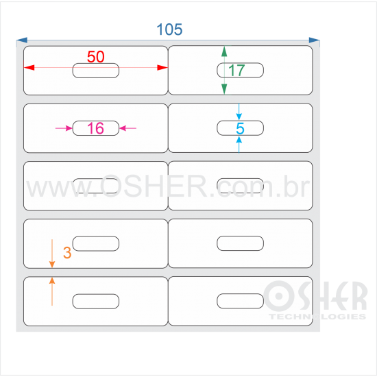 Etiqueta Poliester Branco Brilhante 50  x 17  x 2 Geminada (Corte Especial AEL 02 Retângulos 16X5 Centralizados)