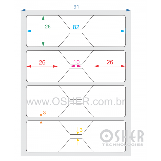 Etiqueta Adesiva BOPP Branco Fosco Acril. 22g Joalheiro 82  x 26  (Gravatinha 26X26 + Filete no Meio 10X3) UN RET L091