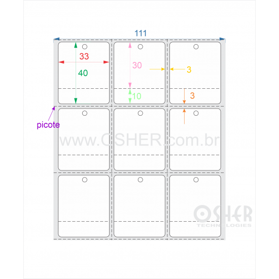 Tag Couchê Adesivo 33  x 40  x 3 FPU Picote 30+10H Picote ESP3L Picote ESP3H CLS 