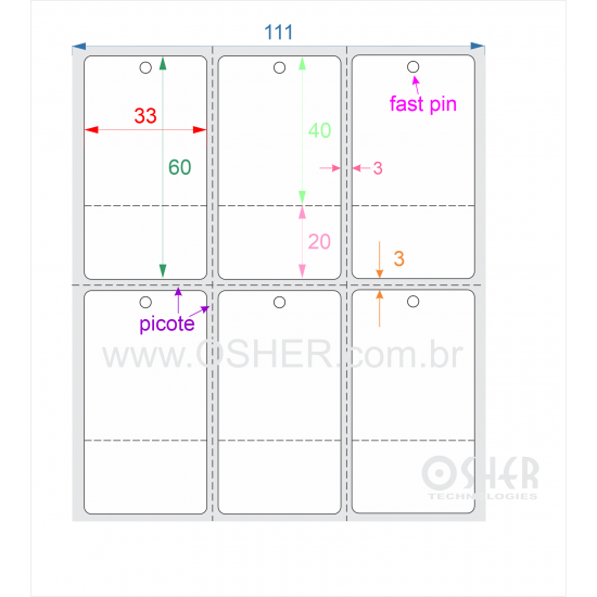 Tag Couchê Adesivo 33  x 60  x 3 FPU Meio Corte 40+20H Picote ESP3L Picote ESP3H CLS L111