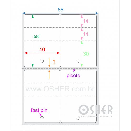 Tag Couchê Adesivo 40  x 58  x 2 FPP Meio Corte 30+14+14H Picote ESP3H CLS Geminada