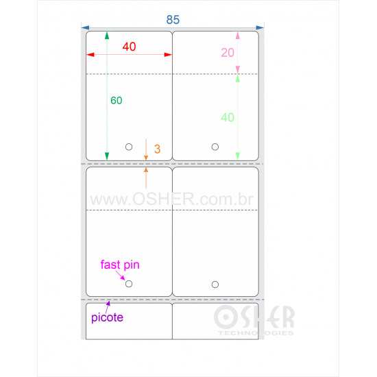 Tag Couchê Adesivo 40  x 60  x 2 FPP Meio Corte 40+20H Picote ESP3H CLS Geminada