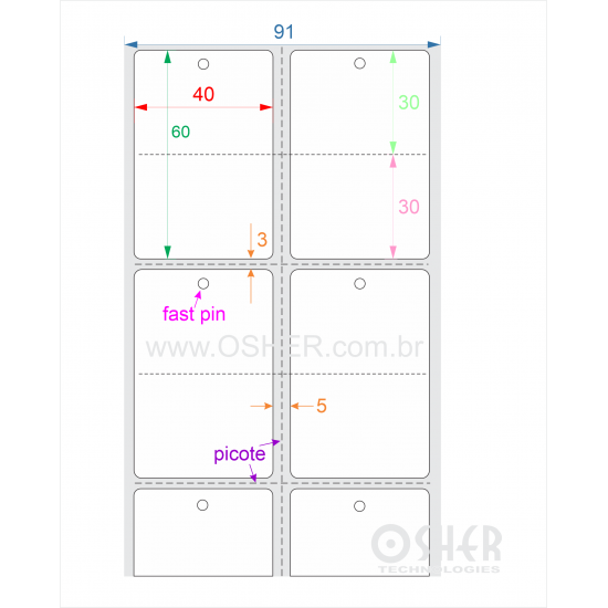 Tag Couchê Adesivo 40  x 60  x 2 FPU Meio Corte 30+30H Picote ESP5L Picote ESP3H CLS L091