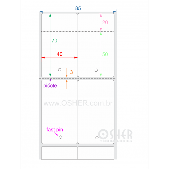 Tag Couchê Adesivo 40  x 70  x 2 FPP Meio Corte 50+20H Picote ESP3H CLS Geminada