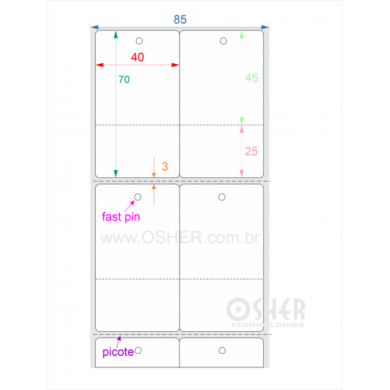 Tag Couchê Adesivo 40  x 70  x 2 FPU Meio Corte 45+25H Picote ESP3H CLS Geminada