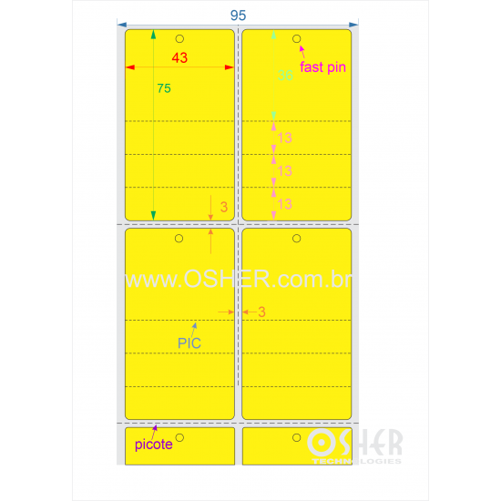 Tag Couchê Adesivo 43  x 75  x 2 FPU Meio Corte PIC 36+13+13+13H Picote ESP3L Picote ESP3H CLS Chap Amarelo