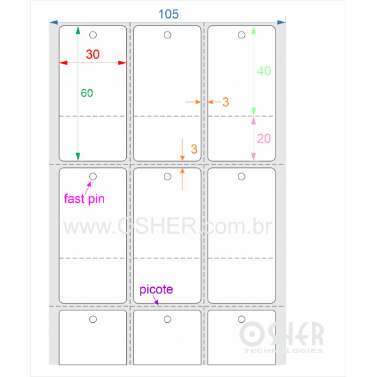 Tag Duplo Uso Couchê 30  x 60  x 3 FPU Meio Corte 40+20H Picote ESP3L Picote ESP3H CLS L105