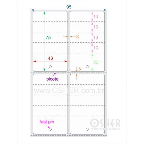 Tag Duplo Uso Couchê 43  x 75  x 2 FPP Meio Corte 23+13+13+13+13H Picote ESP3L Picote ESP3H CLS L095