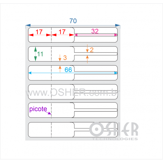 Etiqueta Adesiva BOPP Branco Brilhante Acril. 22g Joalheiro 66  x 11  (Corpo 17+17X11 e Filete 32X2) UN RET L070