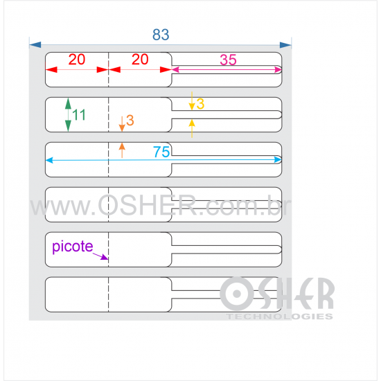 Etiqueta Adesiva BOPP Branco Brilhante Acril. 22g Joalheiro 75  x 11  (Corpo 20+20X11 e Filete 35X3) UN RET L083