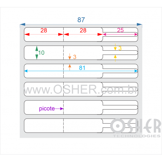 Etiqueta Adesiva BOPP Branco Brilhante Acril. 22g Joalheiro 81  x 10  (Corpo 28+28X10 e Filete 25X3) UN RET L087
