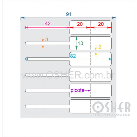 Etiqueta Adesiva BOPP Branco Brilhante Acril. 22g Joalheiro 82  x 13  (Corpo 20+20x13 e filete 42x3) esp2H Unica Invertida L091 