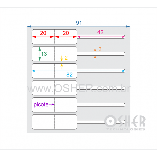 Etiqueta Adesiva BOPP Branco Brilhante Acril. 22g Joalheiro 82  x 13  (Corpo 20+20X13 e Filete 42X3) ESP2H Unica L091