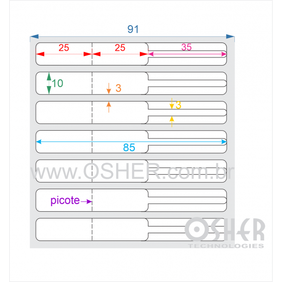 Etiqueta Adesiva BOPP Branco Brilhante Acril. 22g Joalheiro 85  x 10  (Corpo 25+25X10 e Filete 35X3) UN RET L091