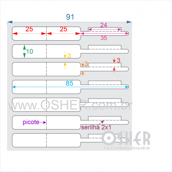 Etiqueta Adesiva BOPP Branco Brilhante Acril. 22g Joalheiro 85  x 10  (Corpo 25+25X10 e Filete Duplo 35X3 / 24X3) Unica L091
