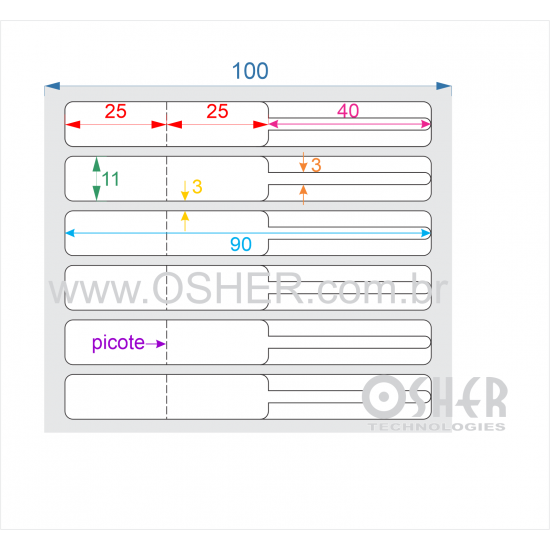 Etiqueta Adesiva BOPP Branco Brilhante Acril. 22g Joalheiro 90  x 11  (Corpo 25+25X11 e Filete 40X3) UN RET L100 