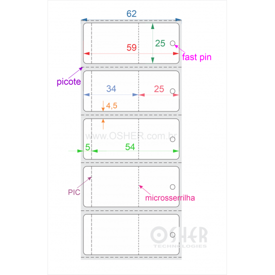 Tag Couchê Adesivo 59  x 25  x 1 FPLD Microsserrilha 25+34L Meio Corte PIC 54+5L Picote ESP4,5H CLS L062
