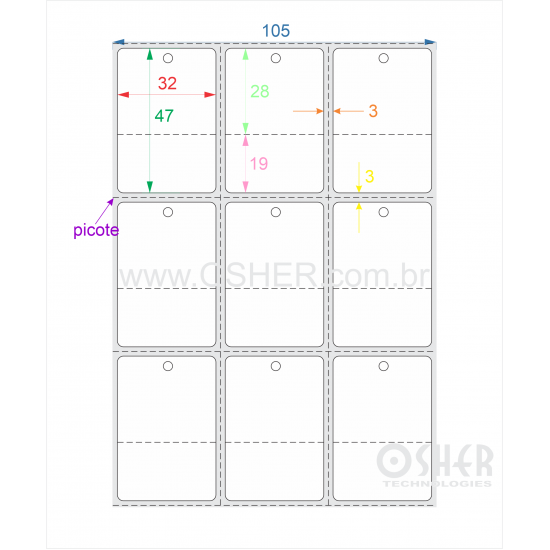 Tag Couchê Adesivo 32  x 47  x 3 FPU Meio Corte 28+19H Picote ESP3L Picote ESP3H CLS L105