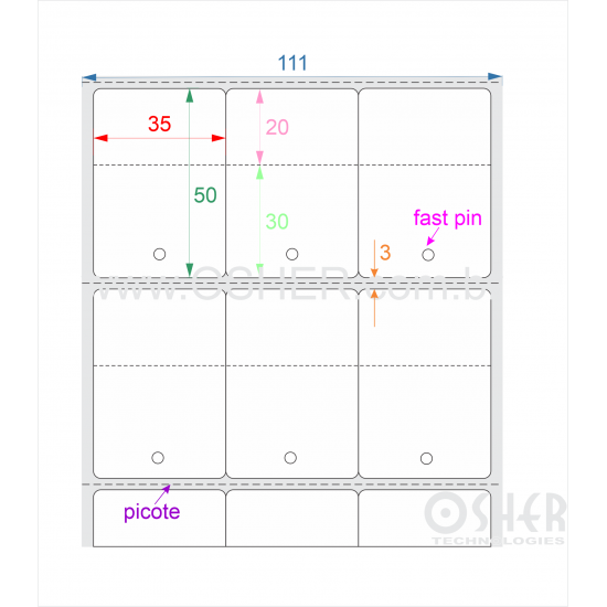 Tag Couchê Adesivo 35  x 50  x 3 FPP Meio Corte 30+20H Picote ESP3H CLS Geminada