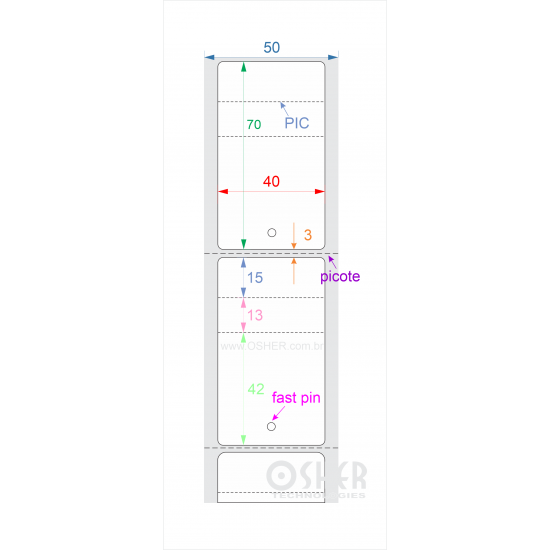 Tag Couchê Adesivo 40  x 70  x 1 FPP Meio Corte PIC 42+13+15H Picote ESP3H CLS L050