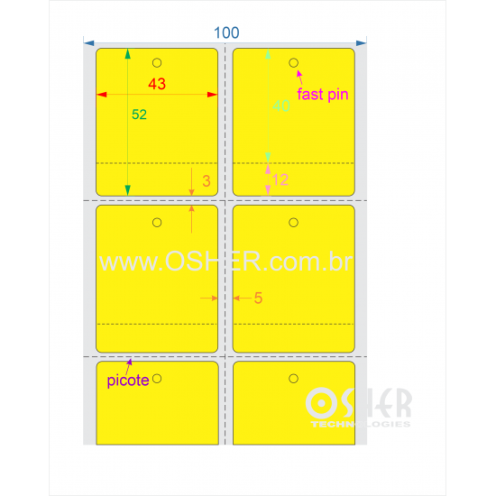 Tag Couchê Adesivo 43  x 52  x 2 FPU Meio Corte 40+12H Picote ESP5L Picote ESP3H CLS Chap Amarelo
