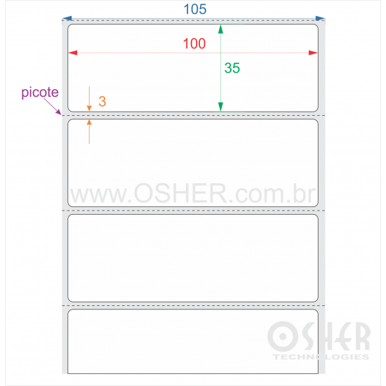 Etiqueta BOPP Branco Brilhante 100  x 35  x 1 Picote L105