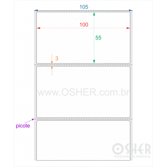 Etiqueta BOPP Branco Brilhante 100  x 55  x 1 Picote L105