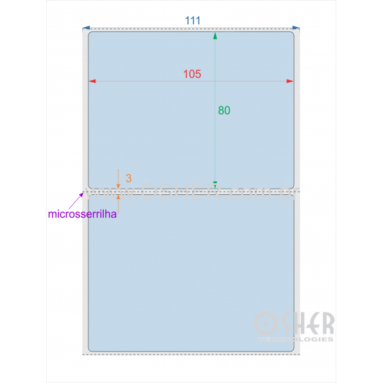 Etiqueta BOPP Branco Fosco VT Borr 105  x 80  x 1 Microsserrilha Chap Azul