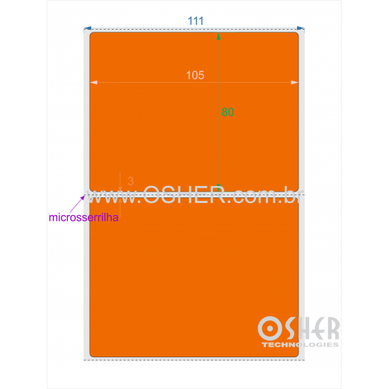 Etiqueta BOPP Branco Fosco VT Borr 105  x 80  x 1 Microsserrilha Chap Laranja