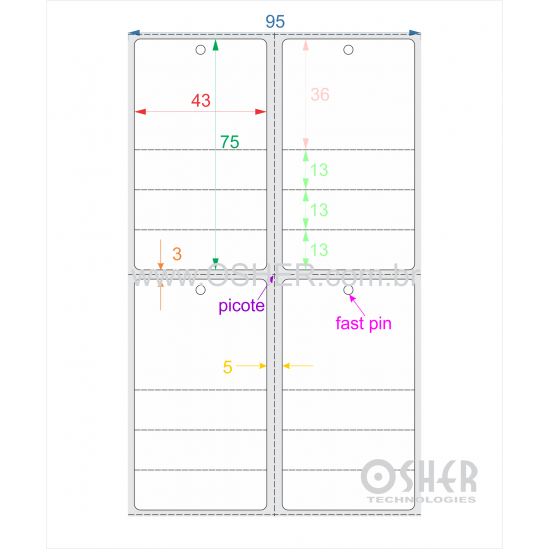 Tag Couchê Adesivo 43  x 75  x 2 FPU Meio Corte 36+13+13+13H Picote ESP5L Picote ESP3H CLS 