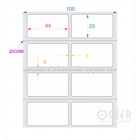 Etiqueta Adesiva Couchê 44  x 25  x 2 ESP3L  Picote ESP6H