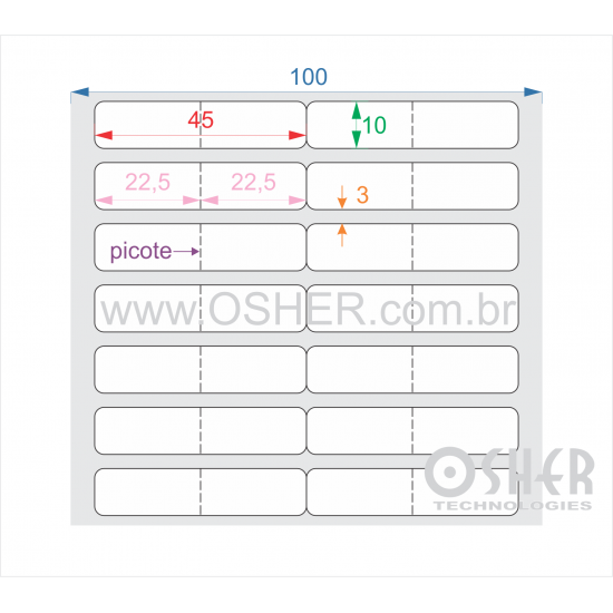 Etiqueta BOPP Branco Fosco 45  x 10  x 2 Geminada (Corte Especial Picote 22,5+22,5L)