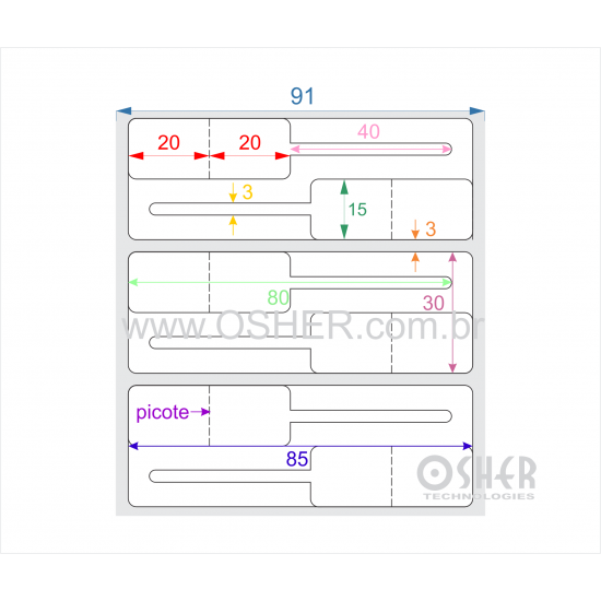 Etiqueta Adesiva BOPP Branco Fosco Acril. 22g Joalheiro 85  x 30  (Corpo 20+20X15 e Filete 40X3) CJ2 INV RET L091