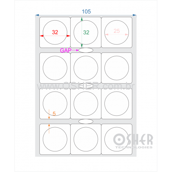 Etiqueta Vinil Transparente 32  x 32  x 3 (Circulo 25  de diâmetro dentro de cada retângulo) GC ESP5H L105