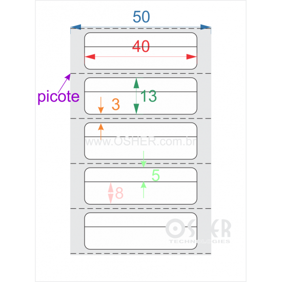 Etiqueta Duplo Uso Couchê 40  x 13  x 1 Meio Corte 5+8H CLS Picote L050