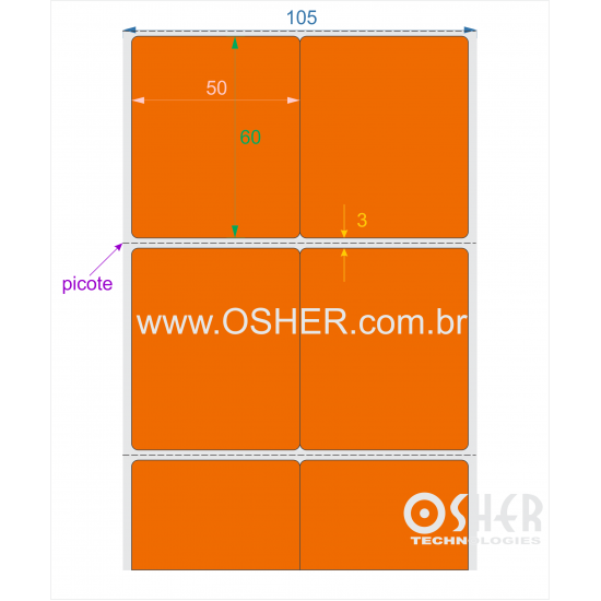 Etiqueta Adesiva Couchê 50  x 60  x 2 Geminada Picote Chap Laranja