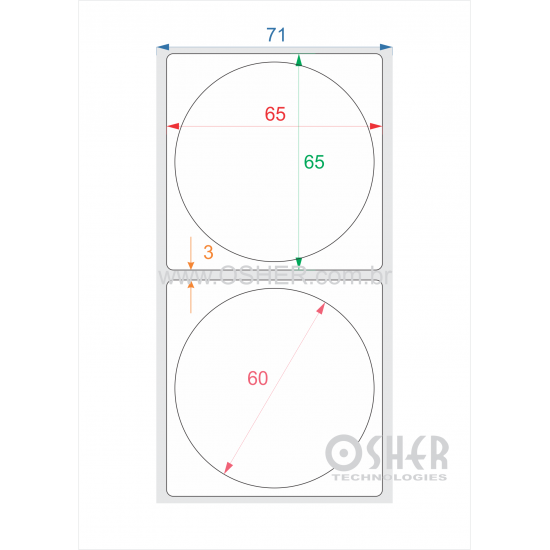 Etiqueta BOPP Branco Fosco 65  x 65  x 1 ( Corte especial circulo 60  de diâmetro dentro do retângulo) L071